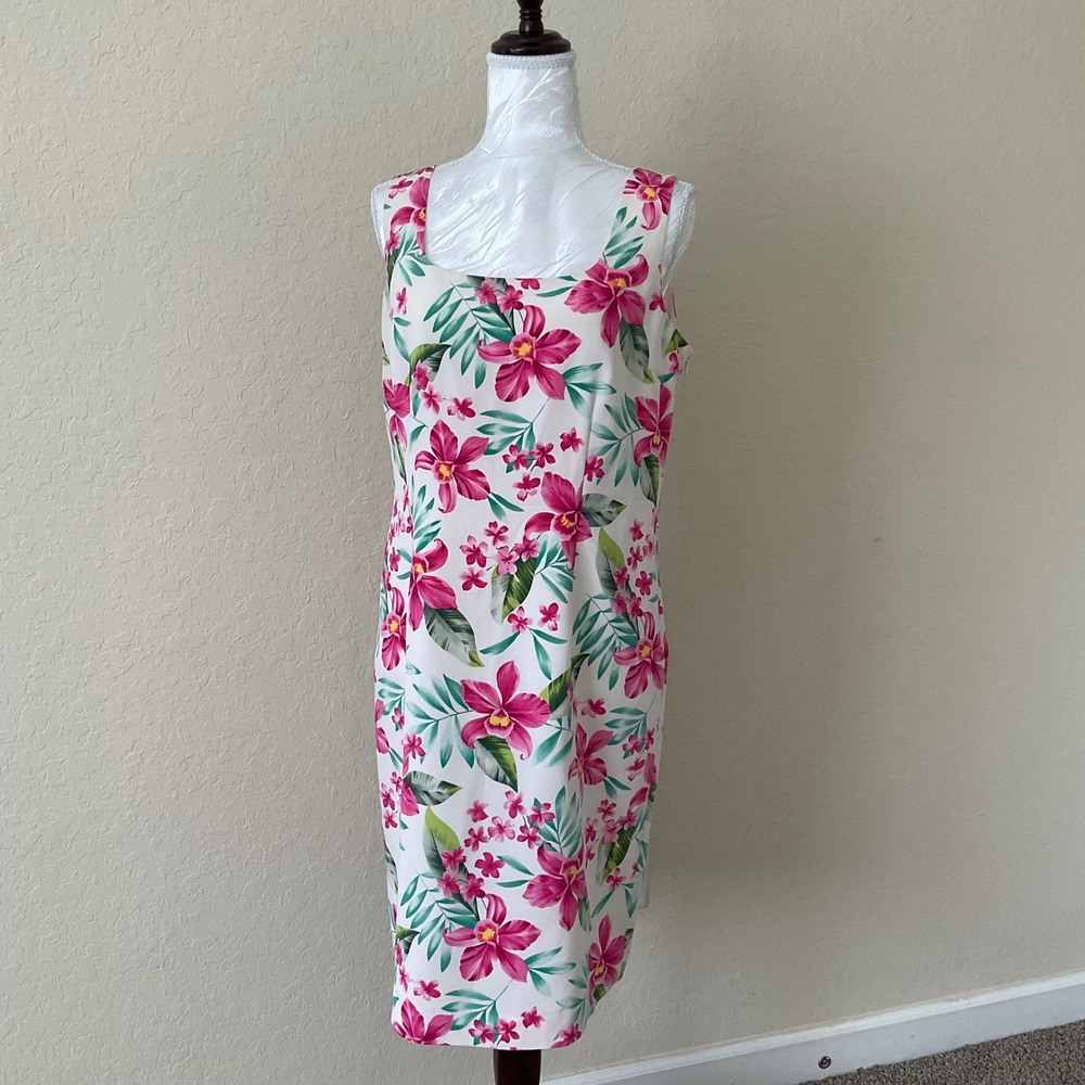 100% Silk Tropical Orchid Floral Sheath Dress Square Neck Sleeveless sz M